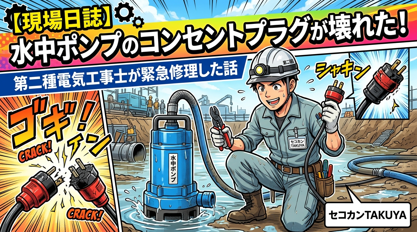 破損した水中ポンプの防雨形プラグと第二種電気工事士の漫画イラスト