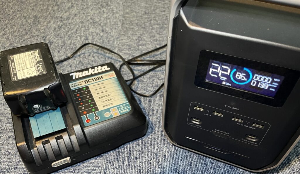 マキタ18VバッテリーをEcoFlow DELTA 2で充電中、入力199W表示