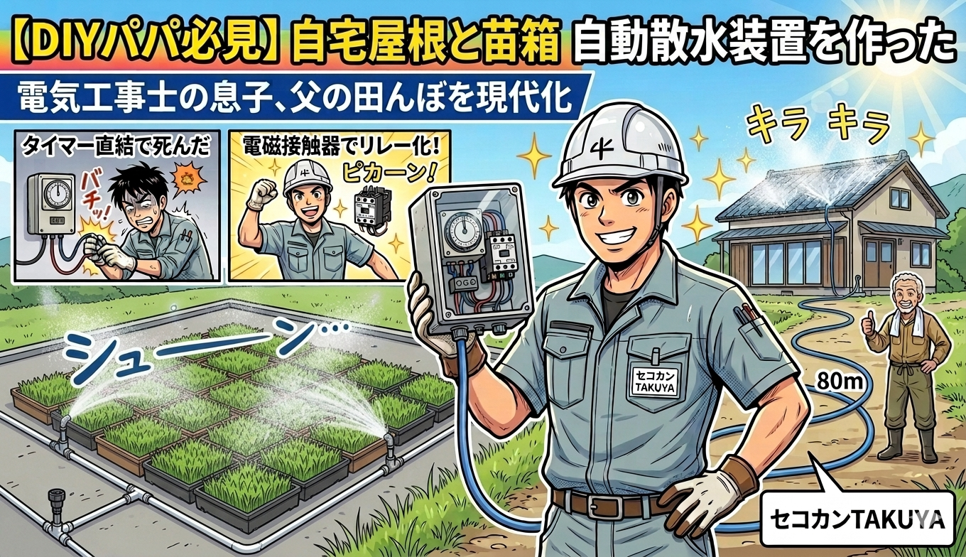DIYパパ必見｜電気工事士の息子が父の田んぼに作った自動散水装置｜タイマー＋電磁接触器リレー化＋Wi-Fi屋根冷却ミスト散水のセコカン1級DIY記録【2026年最新】