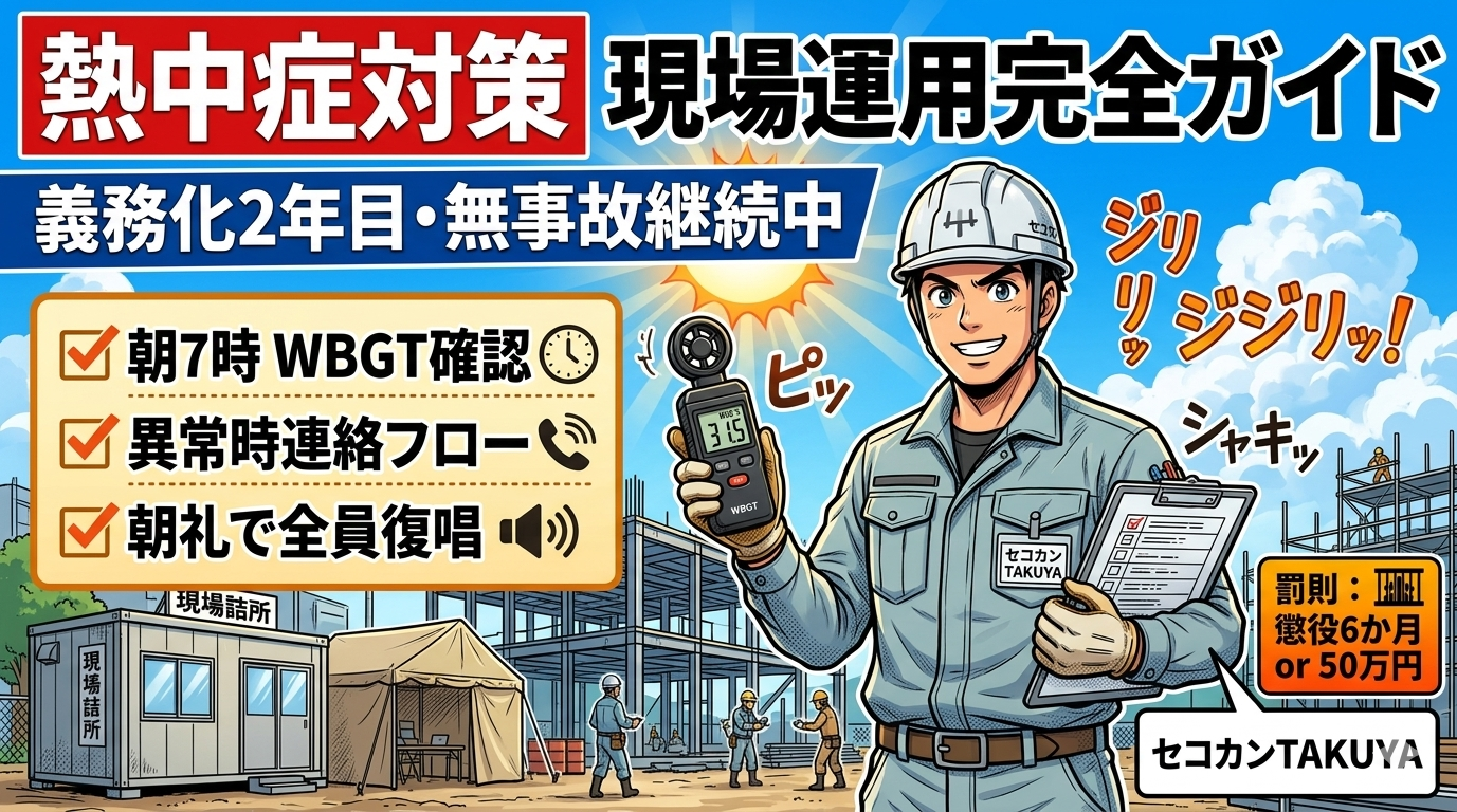 熱中症対策・現場運用ガイド2026のアイキャッチ。1級土木のセコカンTAKUYAがWBGT計とチェックリストを持ち、義務化2年目の3つの実装ポイントを示している