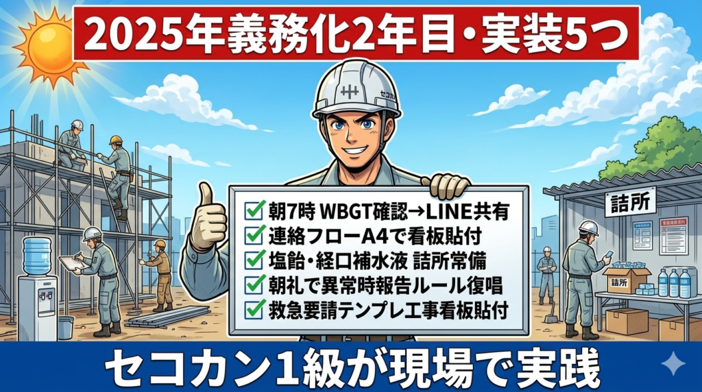 熱中症対策5つのチェックリスト。朝7時WBGT確認、連絡フローA4、塩飴・経口補水液常備、朝礼で報告ルール復唱、救急要請テンプレ。セコカン1級が現場で実践