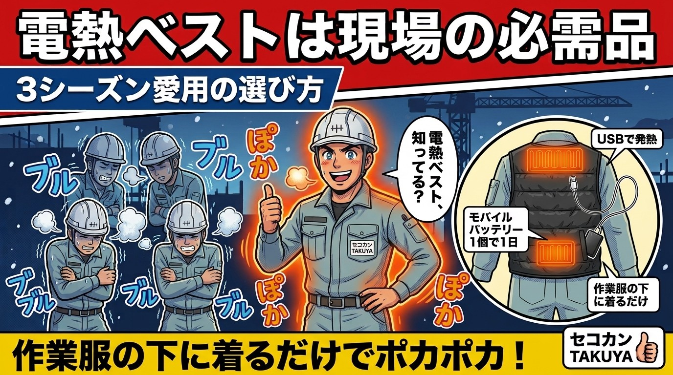 電熱ベストは現場の必需品。寒さに震える作業員の中で、作業服の下に電熱ベストを着たセコカンTAKUYAだけが暖かい。背中の上部と腰が発熱し、モバイルバッテリー1個で1日使える