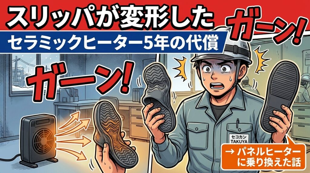 セラミックヒーターの温風を5年浴び続けて変形したスリッパのイメージ図