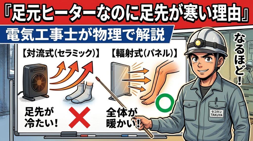 対流式セラミックヒーターと輻射式パネルヒーターの熱の伝わり方の違いを示す図解。対流式は温風が上に逃げ、輻射式は足先に直接届く