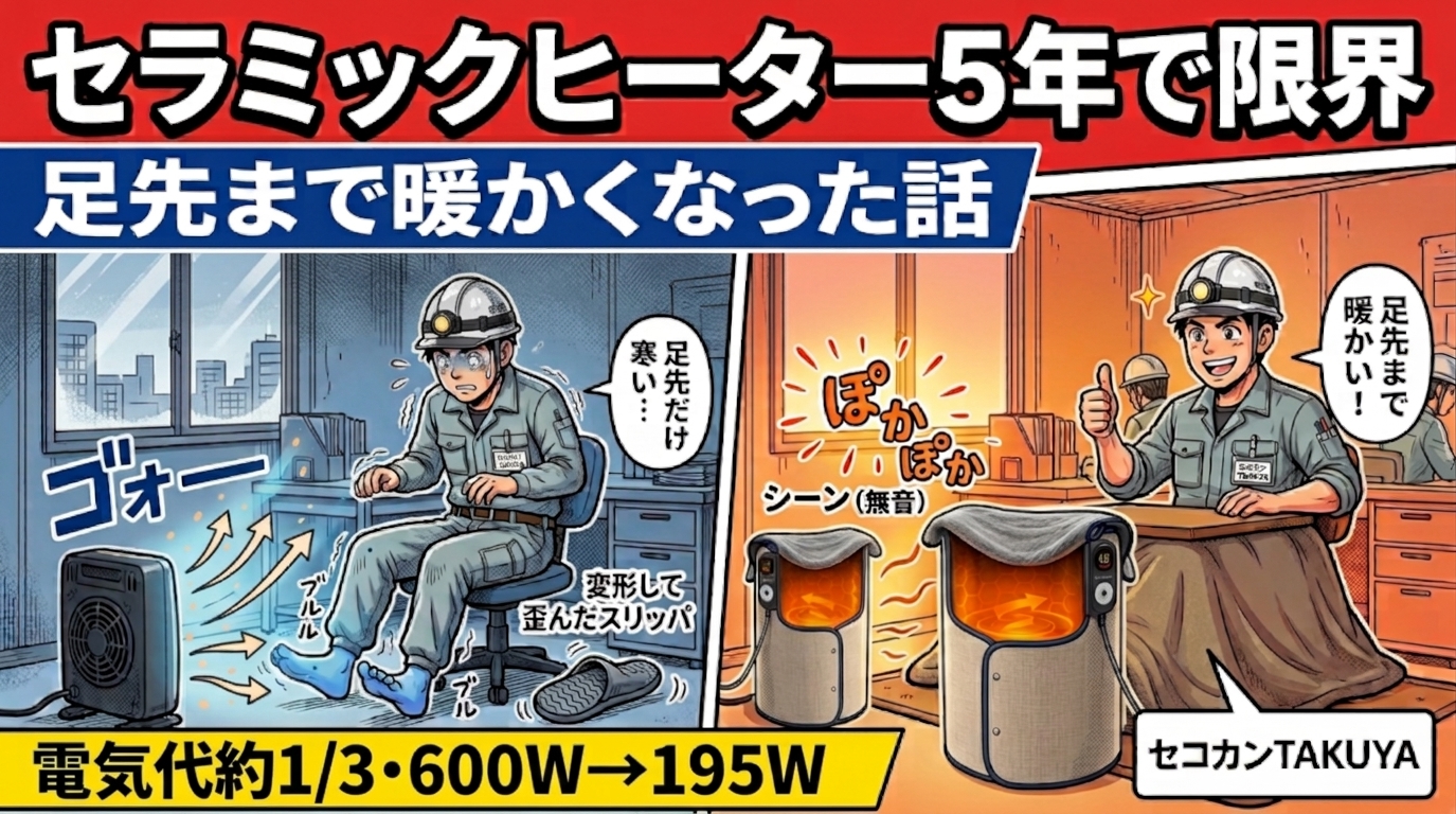 セラミックヒーターから北国のこたつパネルヒーターに乗り換えた比較。左は温風が上に逃げて足先が冷たい状態、右は足先から太ももまで暖かい状態。消費電力は600Wから195Wへ